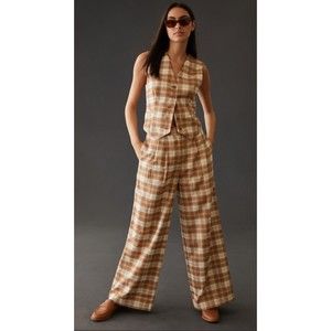 Anthropologie Hutch Brown Colored Plaid  Trousers Preppy Wide Leg Pants Sz 12